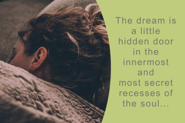 Image of woman sleeping with the quote, "The dream is a little hidden door in the innermost and most secret recesses of the soul" from Carl Yung